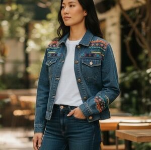 Susan Bristol Denim Jacket with Colorful Embroidery, M, EUC, Waist Length